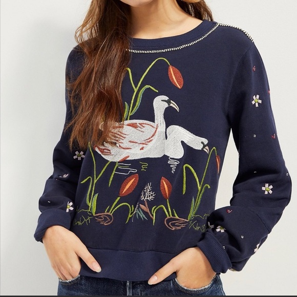 Anthropologie Maeve Swan Lake Embroidered Beaded Sweatshirt Size Small - Picture 1 of 10